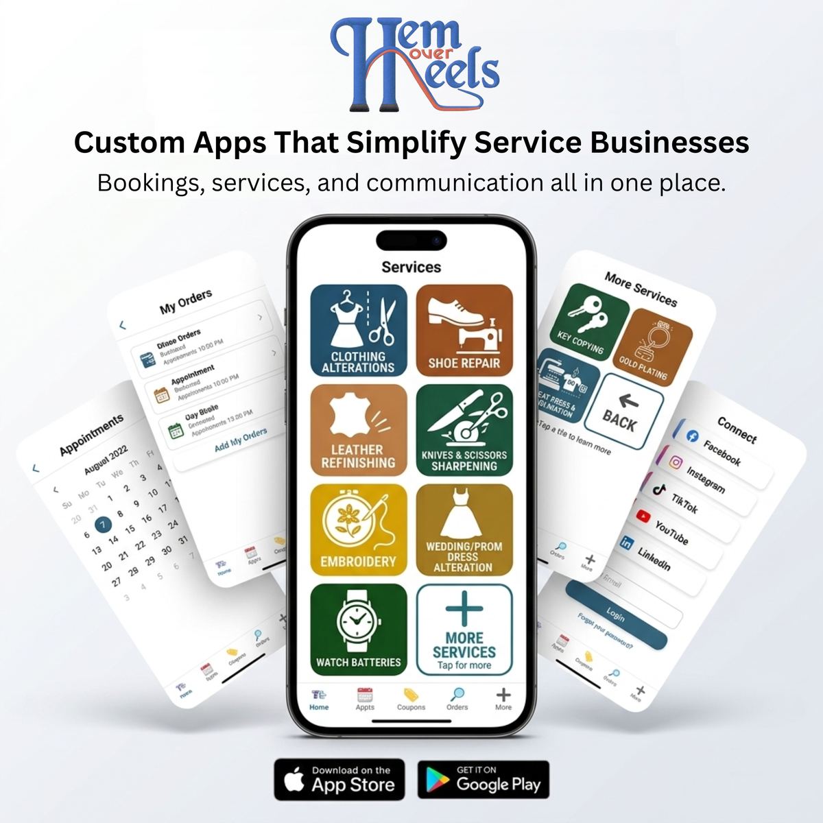 Hem Over Heels mobile app showing services, appointments, and customer tools
